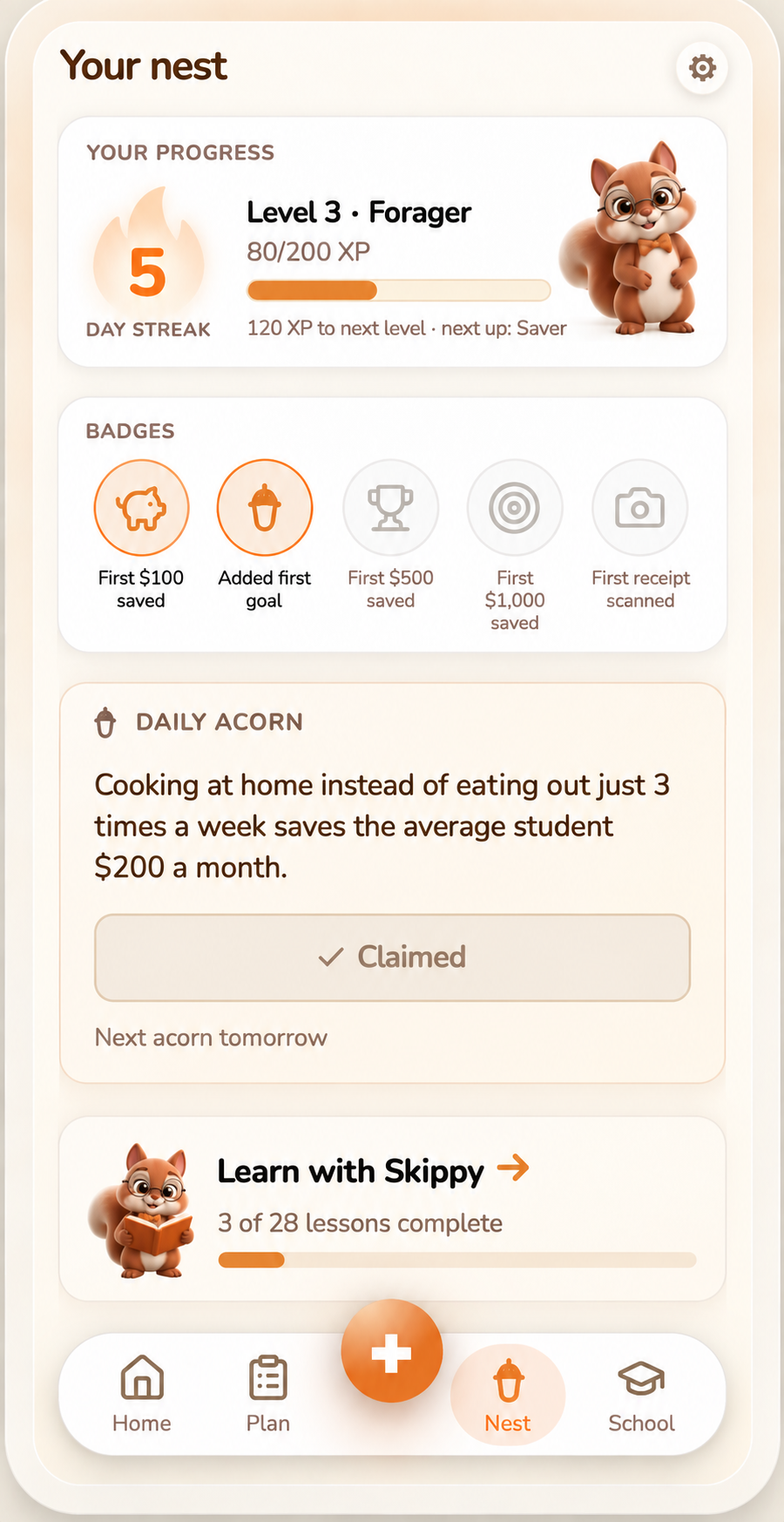 Your Nest screen showing a 5-day streak, earned badges, daily acorn fact, and Learn with Skippy progress